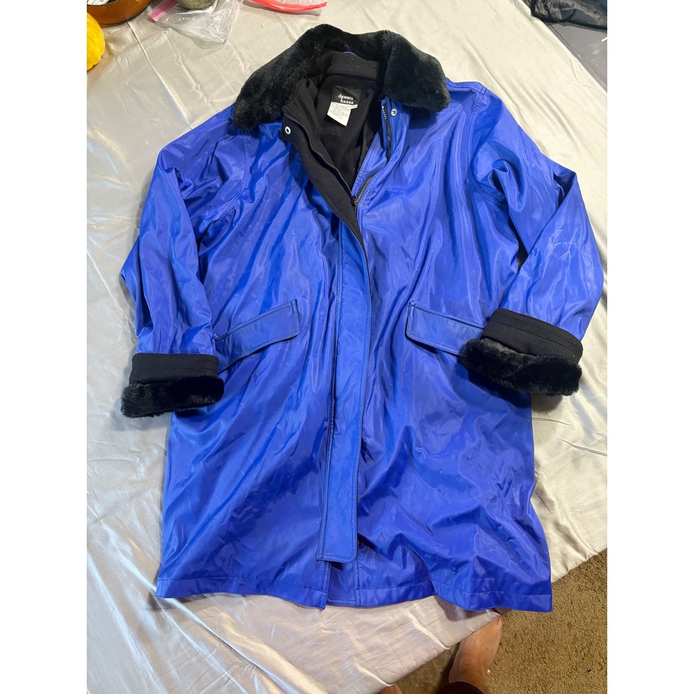 Dennis Basso Wmn XL Blue All Weather Coat Removable Liner Faux Fur Trim RN98393